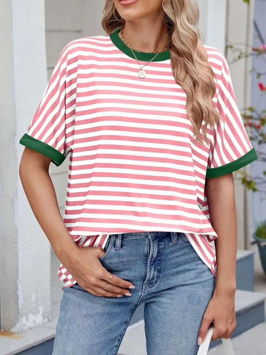 Stylish Striped Round Neck Half Sleeve T-Shirt for Women - Love Salve